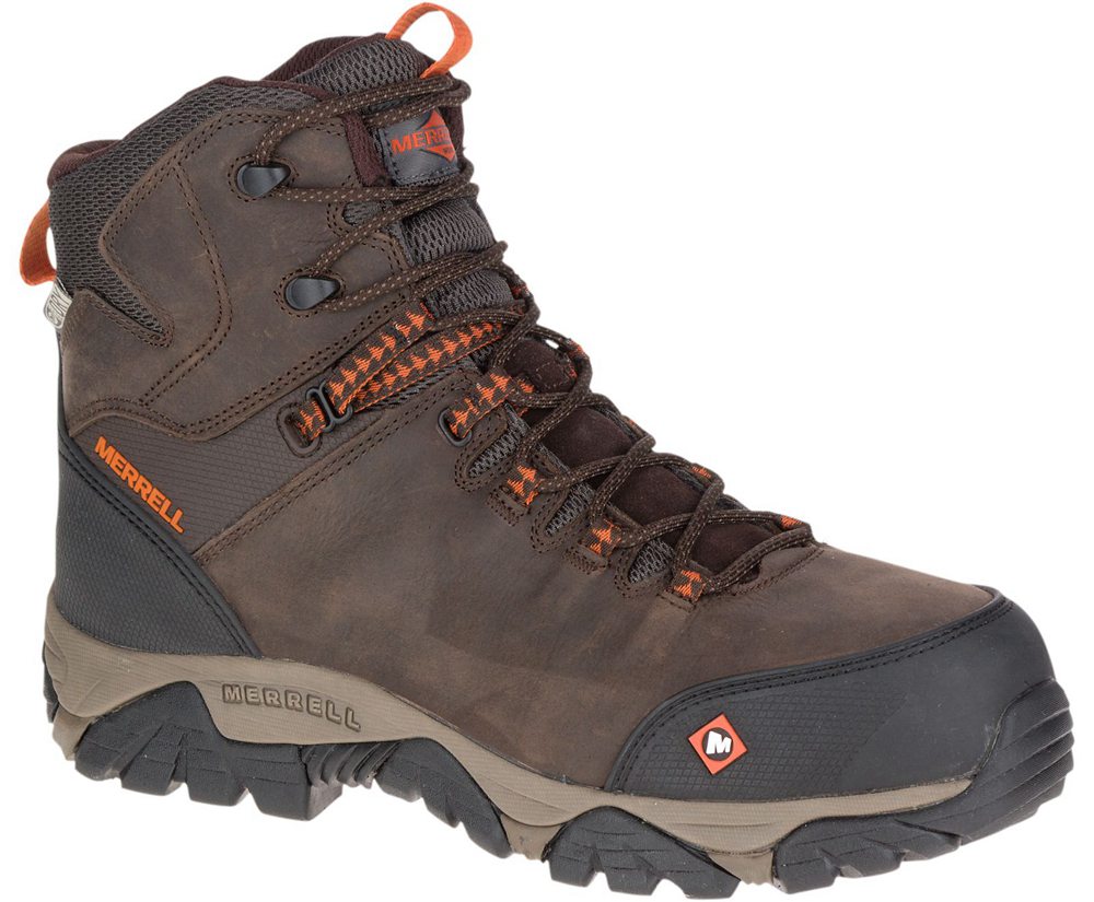 Kozaki Merrell Męskie Brązowe - Phaserbound Mid Waterproof Comp Toe - 987642-EPJ